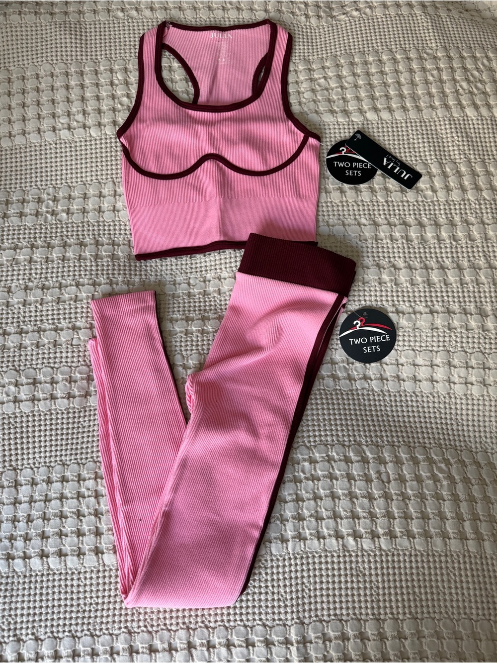 Fashion Nova Pink Ribbed Racerback Sports Bra & Leggings with Burgundy Trim
